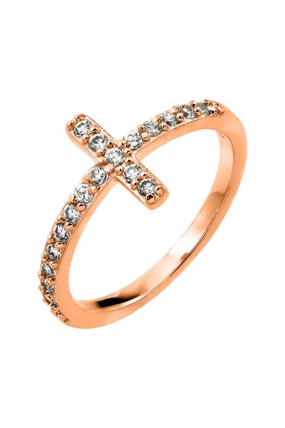 Clear Inlay Cubic Zirconia Sideway Cross Ring Rose Gold-Tone Plated Sterling Silver Size 5