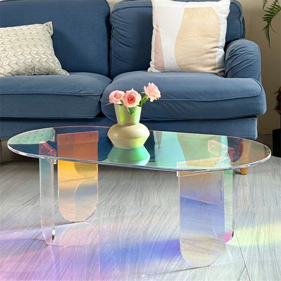 Clear Iridescent Side Table with Rainbow Colors Modern Accent Coffee Table for Bistro Office End Table Night Stand 37.4 x 19.7 x 14.2 Inch