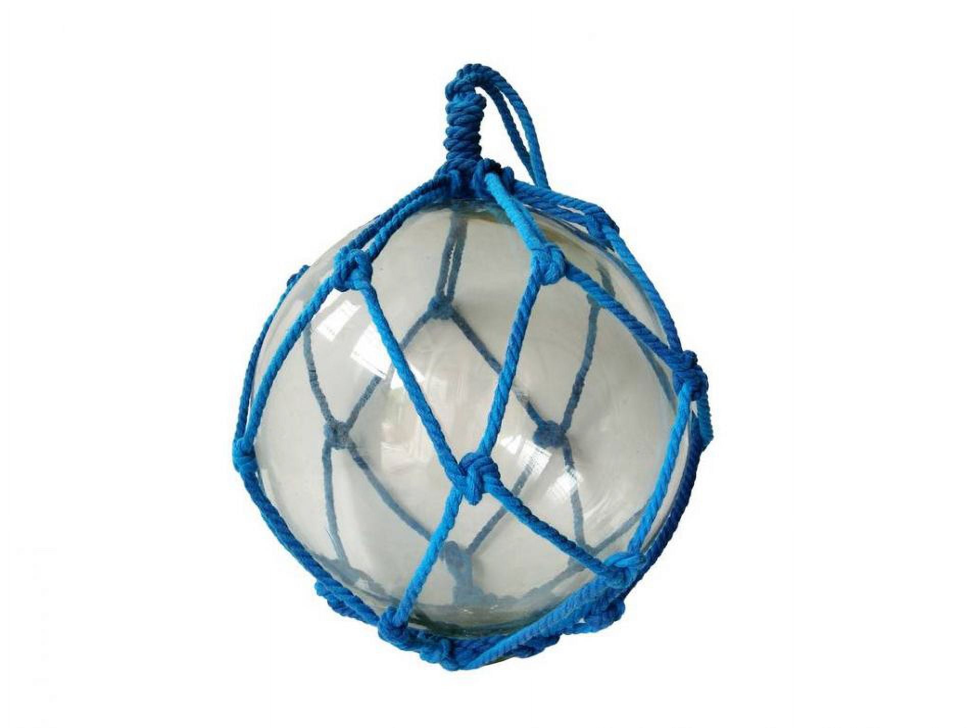 Clear Japanese Glass Ball Fishing Float with Dark Blue Netting Decoration 12 in