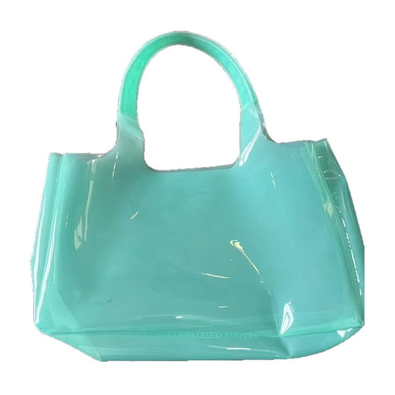 Clear Jelly Tote Bag Glossy Transparent PVC Shoulder Handbag Large Capacity Beach Shopping Work Carry Bag Light Blue