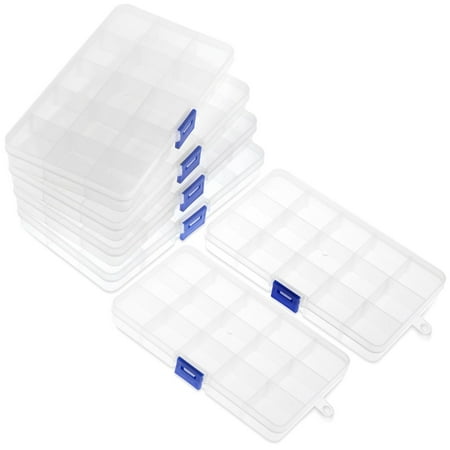 Clear Jewelry Box 6 Pack Plastic Bead Storage Container, Earrings Storage Craft Organizer with Adjustable Dividers, 15 Compartments Each, 6.7" x 0.8"x 4"