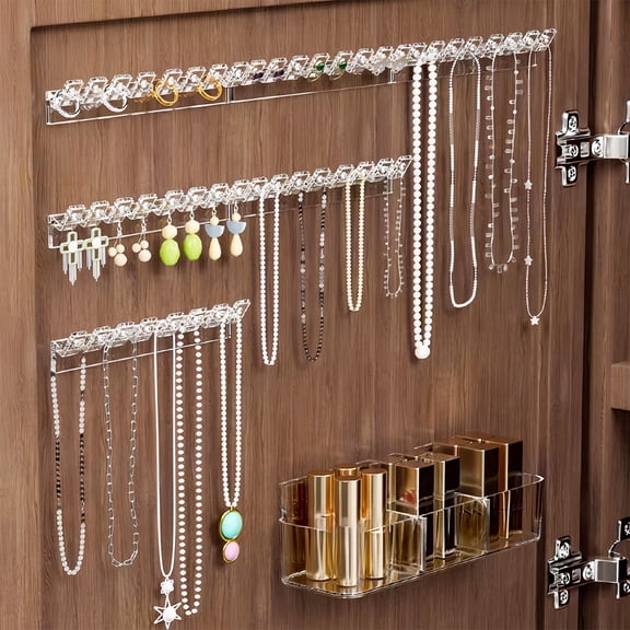 Clear Jewelry Hanger Wall Mount Organizer, 3 Hooks for Necklaces Earrings Chains Rings, Space-Saving Display Storage for Bedroom Dressing Table or Closet Use