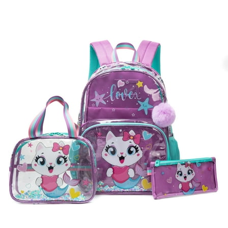 Clear Kids Backpack for School Cute Backpacks for Girls with Lunch Box Pen Bag for Pupil Bookbag Ages 6-12 Purple Cat