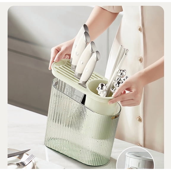 Clear Kitchen Knife Holder with Cutlery Drainer Multi-Functional Vertical Knife Block for Forks Spoons Scissors Countertop Utensil Organizer Green