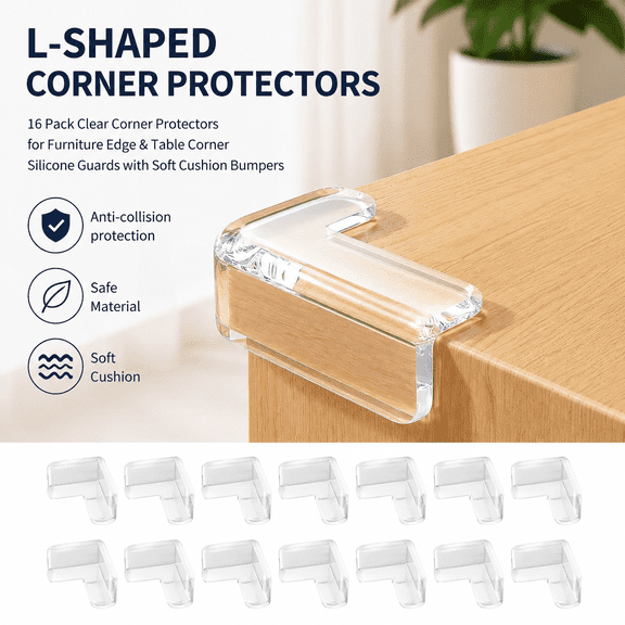 Clear L-Shaped Furniture Corner Protectors, 16 Pcs, Soft Edge Guards for Tables and Home Use