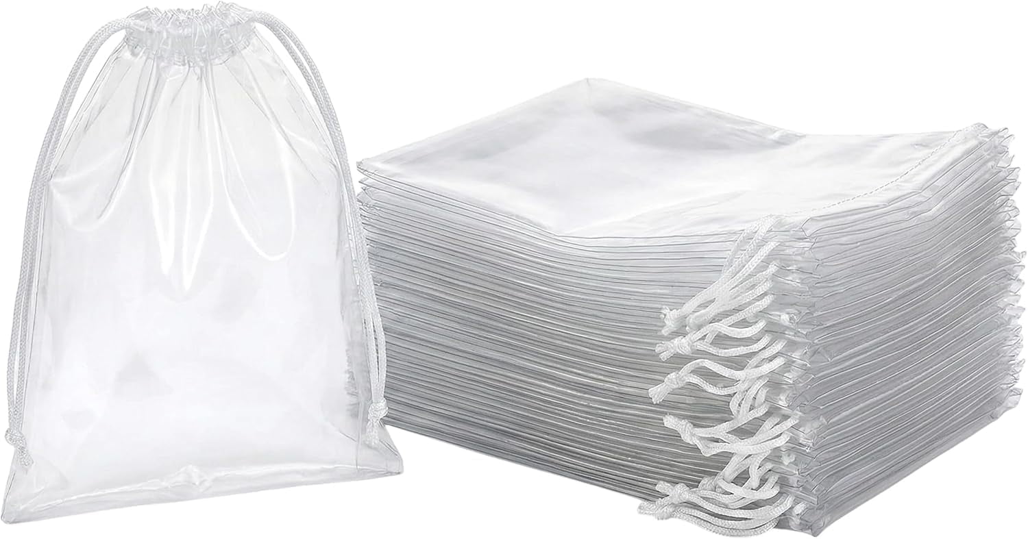 Clear LDPE Drawstring Bags (25 Pack) (13.75" x 17.5") 2 Mil Disposable Transparent Plastic with Double Cotton White Strings. Shoe Bags for Travel Large Storage Organizers Pouch (25)