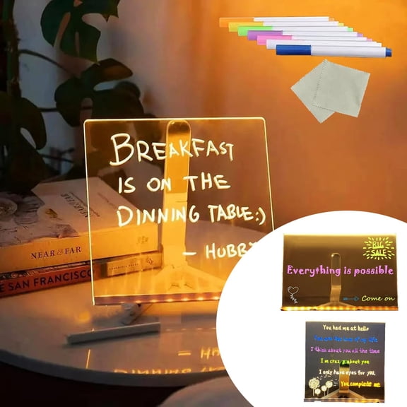 Clear LED Acrylic Dry Erase Board with Light & Stand,7 Color Pens, Light Up Drawing Message Board for Writing Doodle Memo,Desktop Night Light for Home Office School Bar Cafe,Holiday Gift