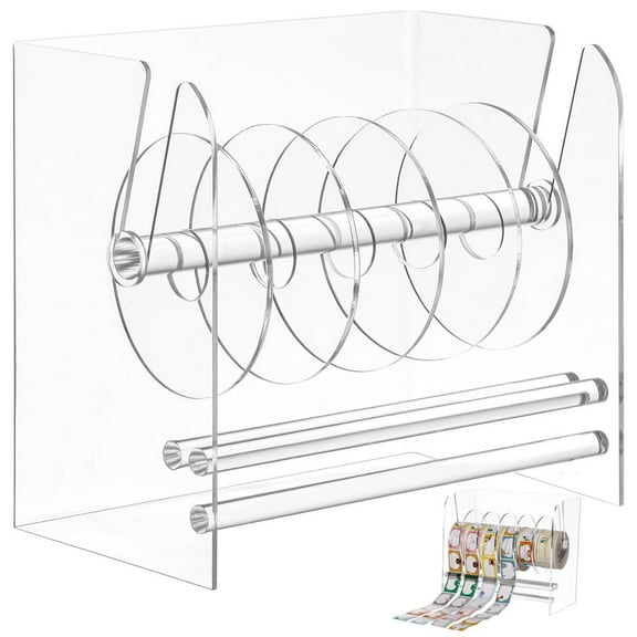 Clear Label Roll Holder, Transparent Acrylic Tape Dispenser, Adjustable Desktop Sticker Roll Holder for Office And Home, Adjustable Sticker Roll Holder with 5 Removable Divider Disks