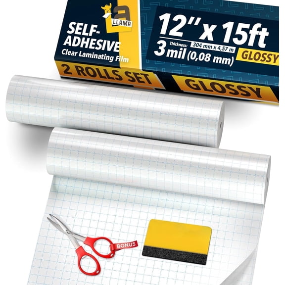 Clear Laminate Roll Set 2-Pack 12 x 15ft, Glossy Self Adhesive Clear Vinyl Laminating Film Roll 3 MIL