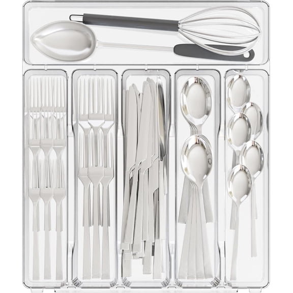 Clear Large 12 inch Wide for Kitchen Drawers,BPA Free Silverware Trays,Plastic Silverware Dividers & Holder,Utensil and Flatware Drawer Organizer Suitable for Fork,Spoon