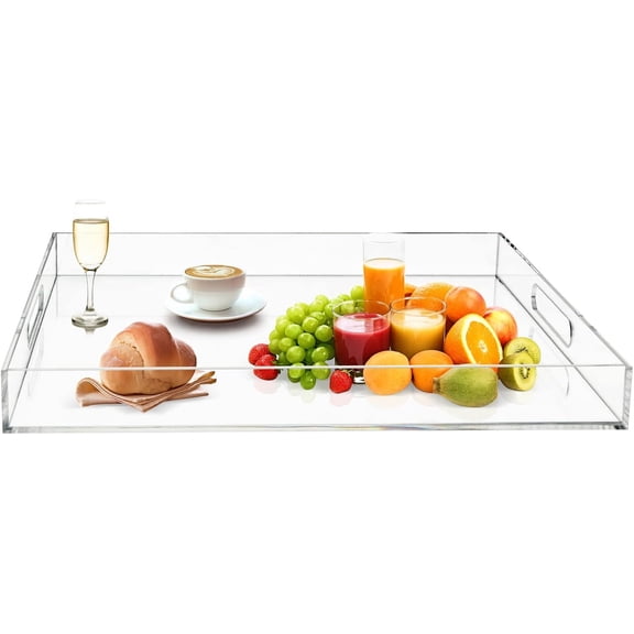 Clear Large Acrylic Round Serving Tray Decorative Tray Countertop Organizer Desserts Coffee Serving Tray with Handles,Spill Proof,for Desk,Nightstand, Sidetable(18.9")
