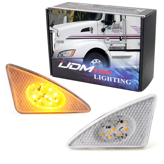 Clear Lens Amber Full Amber LED Front Cab Flare Side Marker Turn Signal Light Assemblies For 2008-2017 Kenworth T660 T170 T270 T370 Semi-Truck (One Pair)