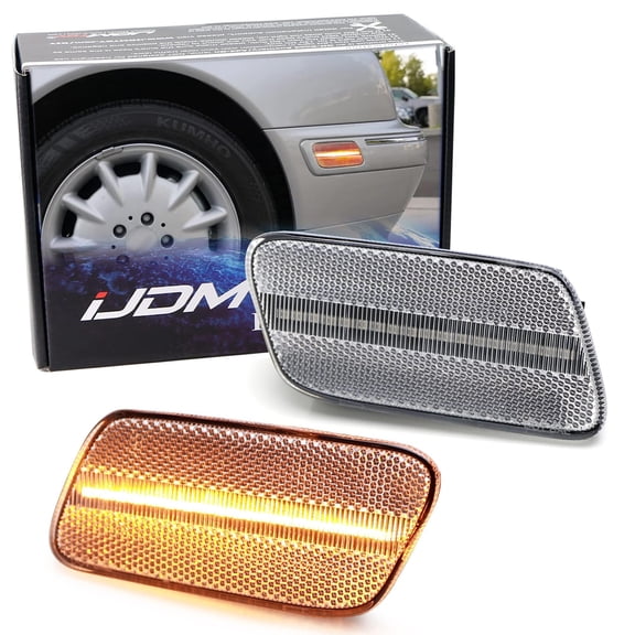 Clear Lens Amber Full LED Strip Front Side Marker Light Assembly For 1996-2002 Mercedes W210 E-Class, Powered by 40-SMD LED, Replace OEM Amber Sidemarker Lamps