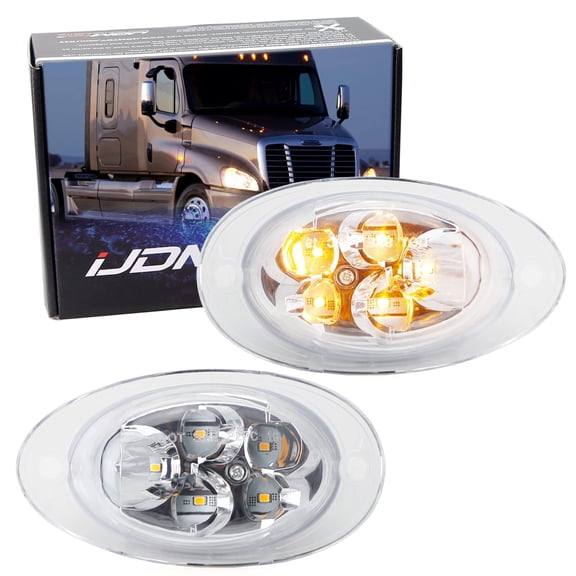 Clear Lens Chrome Finish Full Amber LED Front Cab Side Marker Turn Signal Light Assemblies For 2008-2017 Freightliner Cascadia Semi-Truck (One Pair)