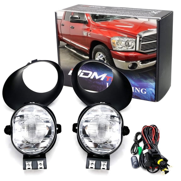 Clear Lens Fog Light Kit w/ 9145 Halogen Bulbs, Bezel Covers, Relay Wiring & Switch For 2002-2008 Dodge RAM 1500, 2003-2009 Dodge RAM 2500 3500 & 2004-2006 Dodge Durango