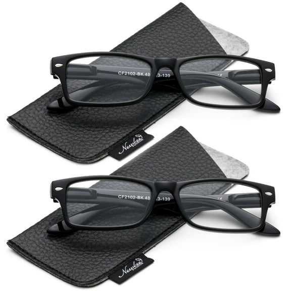Clear Lens Glasses Black Frame Spring Hinged Rectangular Glasses Frame Men Women with Pouch 2 Pack