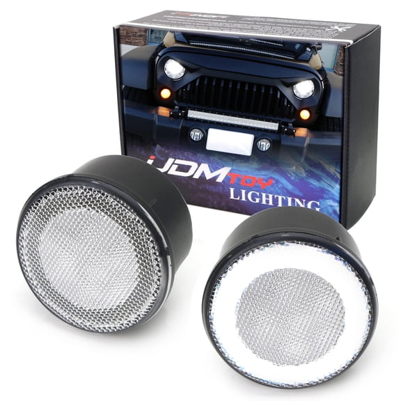 Clear Lens LED Driving/DRL Turn Signal Lamp Assembly For Jeep 2007-17 Wrangler (White LED Halo Ring as Parking/Driving/DRL Lights & Amber LED Center Light as Turn Signals)