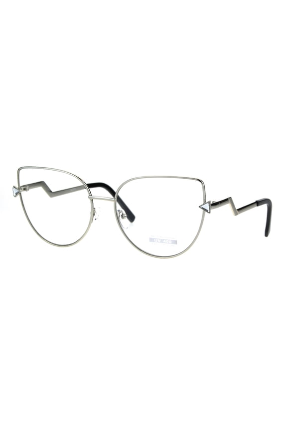 Clear Lens Lightening Bolt Crooked Arm Gothic Cat Eye Glasses Silver