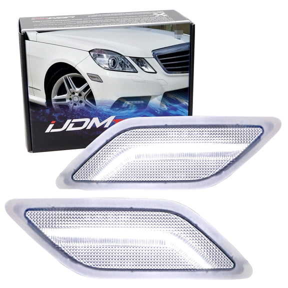 Clear Lens White Full LED Strip Front Bumper Side Marker Lights For 2010-2013 Mercedes W212 Pre-LCI E-Class E350 E550 E63 4-Door, Powered by SMD LED, Replace OEM Amber Sidemarkers