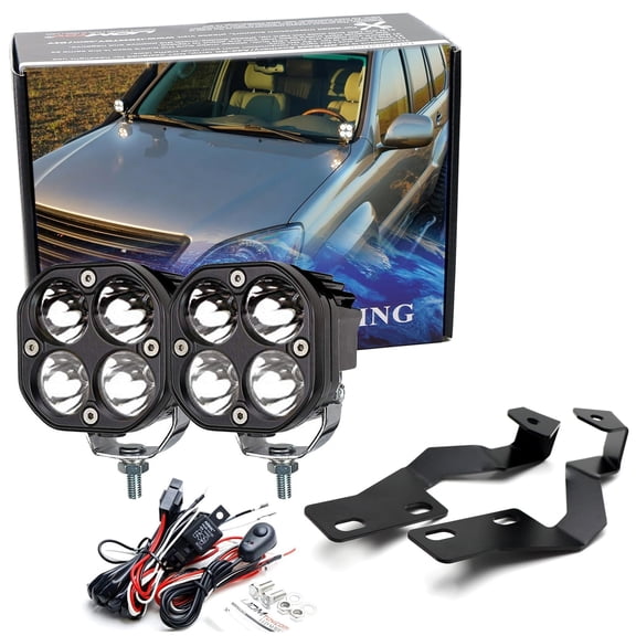 Clear Lens White LED Ditch Light Bundle For 2003-2009 Lexus GX470, (2) 20W High Power LED Round Pods, Windshield A-Pillar Mounting Brackets & On/Off Switch Wiring