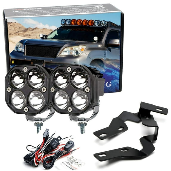 Clear Lens White LED Ditch Light Bundle For 2010-2023 Lexus GX460, (2) 20W High Power LED Round Pods, Windshield A-Pillar Mounting Brackets & On/Off Switch Wiring