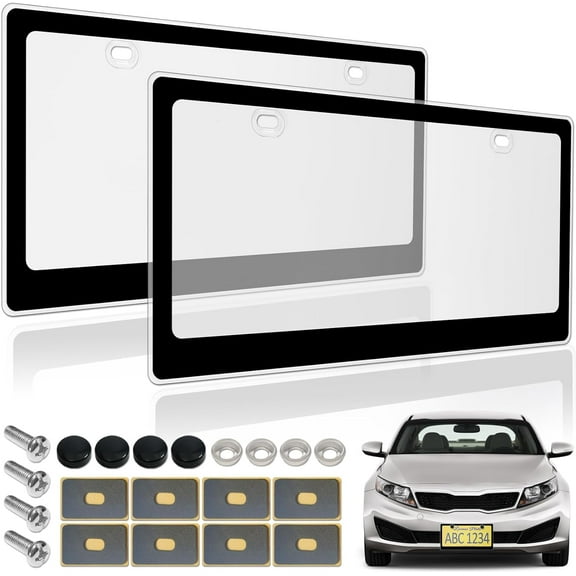 Clear License Plate Covers- Black Car Tag Frame, Unbreakable Number Plate Protector with Screws Caps and Rattle Proof Pads, 2 Pack for Front Rear