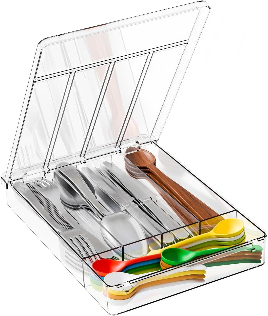 Clear Silverware Organizer with Lid - 9 inch Wide Small Drawer & Tray and Utensil Organizers Lid,BPA Free Plastic Flatware Drawers for Fork,Spoon