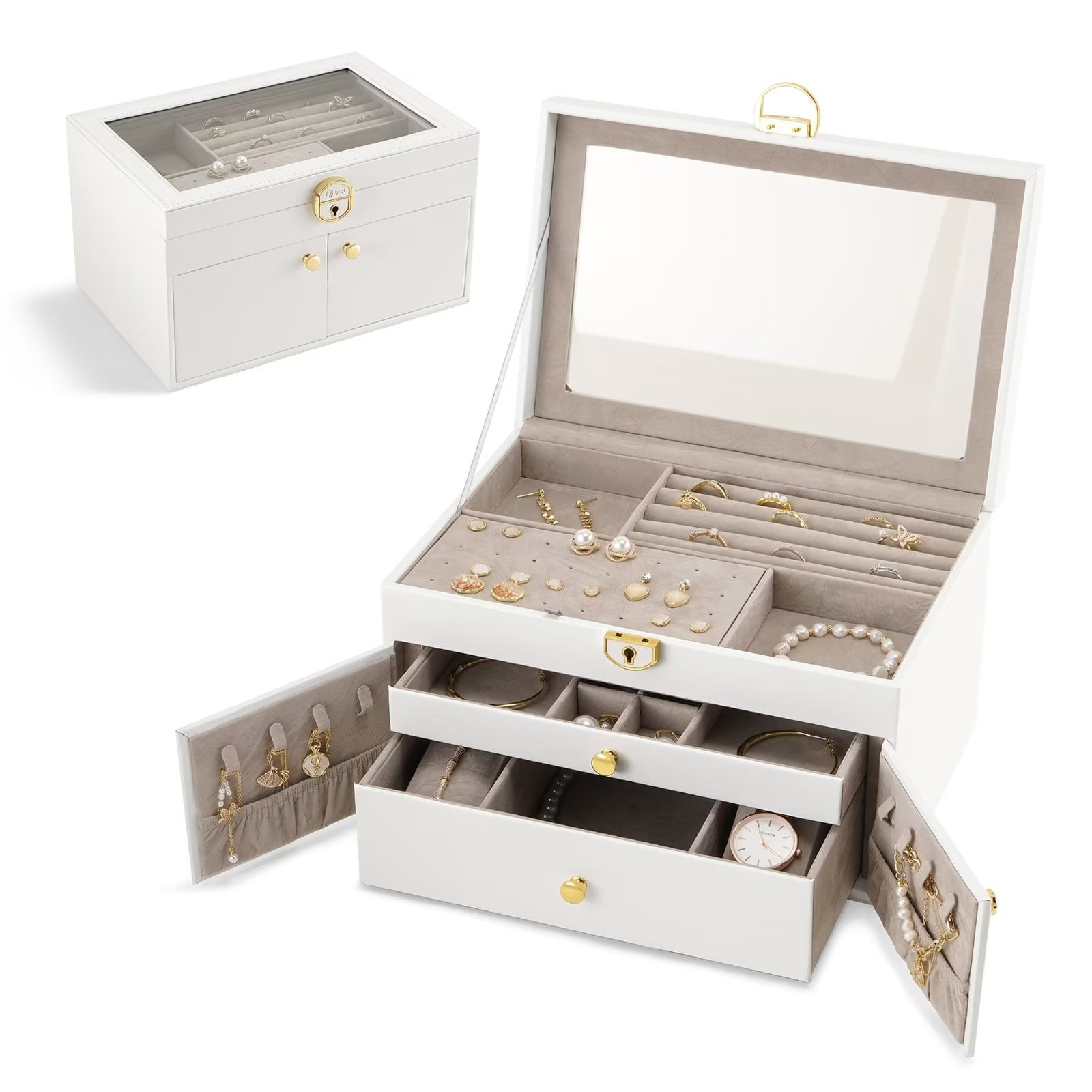 Clear Lid Jewelry Box 3 Layers Jewelry Organizer With Lock Large Multi