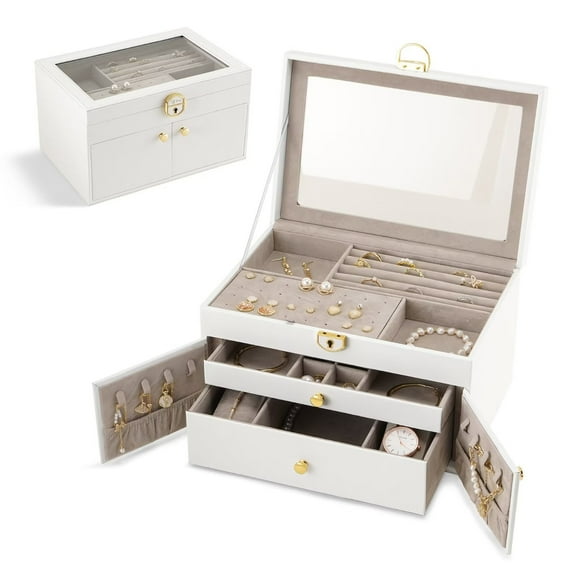 Clear Lid Jewelry Box 3 Layers Jewelry Organizer With Lock Large Multi-Functional Leather Jewelry Storage Box with 2 Drawers Door Display Case Earrings Necklace Bracelets for Women Girls