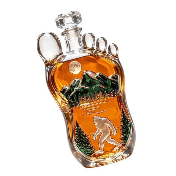 Clear Liquor Bottle Molded Toe Design Whisky Decanter, Visible Glass Body, Mountain and Relief, and Faceted Top for Decorative Table Presentation