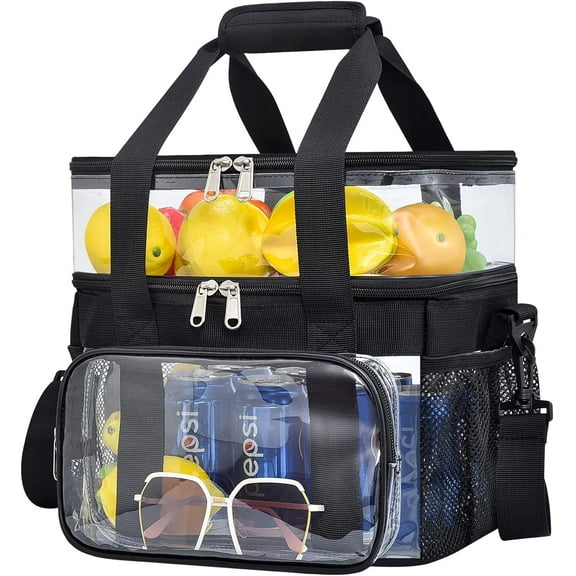 Clear Lunch Bag - Large Double-Deck Reusable Lunch Bag for Work | Heavy Duty PVC Material | 12.5 x 11 x 9 Capacity