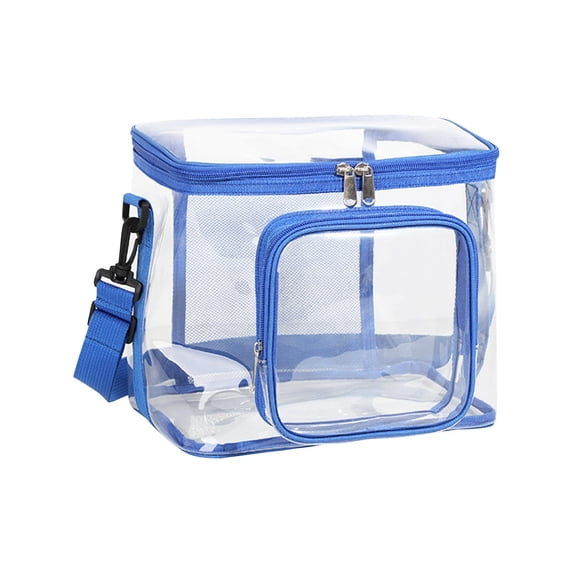 Clear Lunch Bag for Women and Men with Adjustable Shoulder Strap, Plastic Transparent Reusable Lunch Box with Front Zipper Pocket, Sky Blue