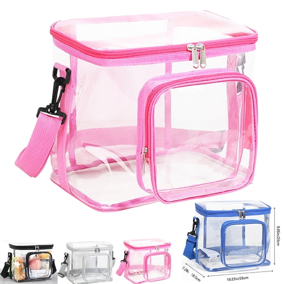 Clear Lunch Bags for Work Transparent Stadium Bag with Adjustable Strap Insulated Interior Large Reusable Lunch Box with Mesh Pockets for Women Men Sports Travel,Hot Pink