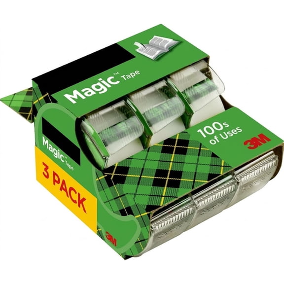 Clear Magic Tape with Dispenser, 3 Dispensered Rolls, 3/4 Inch x 300 Inches, Invisible Transparent Tape for Office, School & Home Use