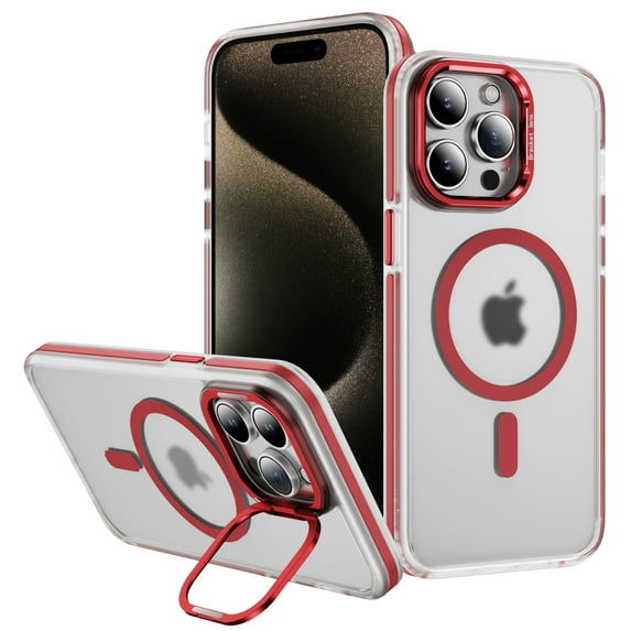 Clear Magnetic Case for Apple iPhone 15 Pro Max, Compatible with Magsafe Slim Bumper Hybrid Protection Transparent Not-Yellowing Kickstand Phone Case for iPhone 15 Pro Max, Red