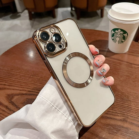 Clear Magnetic Case Compatible with iPhone 14 Pro Max with Camera Protector Transparent Electroplated Shockproof Case-Gold