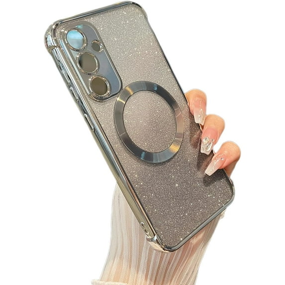 Clear Magnetic Case for Samsung Galaxy S23 FE 5G with Gradient Glitter Peice(2 in 1), Luxury Plating Cute Transparent Bling Sparke Case for Women Girls,Shockproof TPU Protector Cover-Silver
