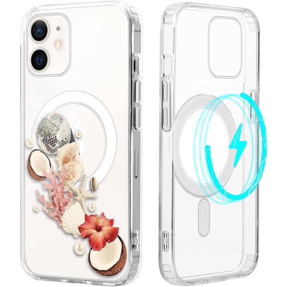 Clear Magnetic Case for iPhone 12 Mini 5, 4", Compatible with Magsafe, Cute Summer Seashell Coconuts Hibiscus Pattern for Girls Women, Slim Soft TPU Anti-Scratch Shockproof Protective Cover