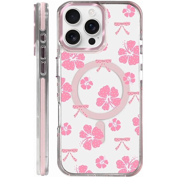 Clear Magnetic Case for iPhone 16 Pro Max, Slim Anti-Yellow Transparent Cover, Military Grade Protection, Phone Cases for iPhone 16 Pro Max, Pink Hibiscus Bow