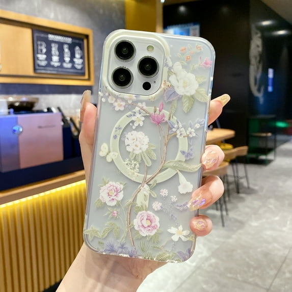 Clear Magnetic Case for iPhone 16 Pro, Support Wireless Charging MagSafe, for iPhone 16 Pro Frosted Flower Pattern Cover, Hybrid Rugged PC + TPU Shockproof Case, Pattern-E
