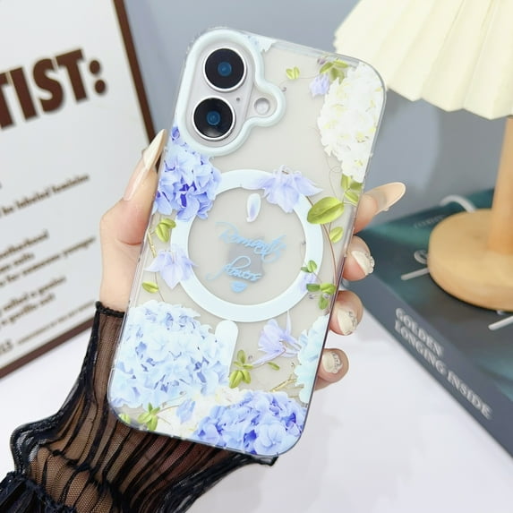 Clear Magnetic Case for iPhone 16, Support Wireless Charging MagSafe, for iPhone 16 Frosted Flower Pattern Cover, Hybrid Rugged PC + TPU Shockproof Case, Pattern-C