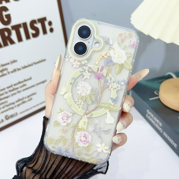 Clear Magnetic Case for iPhone 16, Support Wireless Charging MagSafe, for iPhone 16 Frosted Flower Pattern Cover, Hybrid Rugged PC + TPU Shockproof Case, Pattern-E