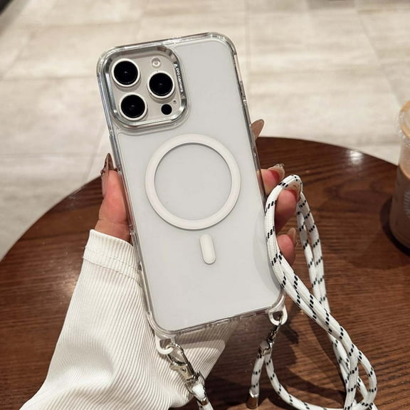 Clear Magnetic Phone Case for iPhone 14 Pro with Long Shoulder Strap, Slim Durable Protective Cover, Compatible with Mag-Safe, Transparent Hybrid Case Designed for iPhone 14 Pro 6.1", White