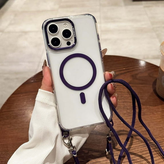 Clear Magnetic Phone Case for iPhone 15 with Long Shoulder Strap, Slim Durable Protective Cover, Compatible with Mag-Safe, Transparent Hybrid Case Designed for iPhone 15 6.1", Purple