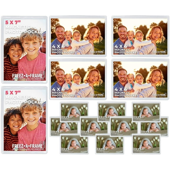 Clear Magnetic Picture Frames for Refrigerator School Locker, or Any Magnetic Surface 16 Pack Holds (2) 5 x 7 (4) 4 x 6 (10) 2.5 x 3.5 Exclusive Photo Pockets