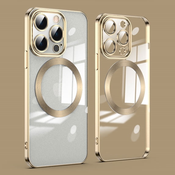 Clear Magnetic for iPhone 16 Pro Max Case with Lens Protection, Compatible with Magsafe, Military-Grade Protection, Yellowing Resistant, Scratch-Resistant Back, Shockproof Slim Phone Case,Gold
