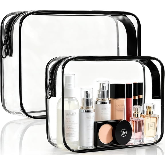 Clear Makeup Bag, 2 Pack TSA Approved Toiletry Bag for Travel Size Toiletries, Quart Size Clear Organizer bag for Women Men, Carry Airport Airline Compliant Bag(Black-2pcs)