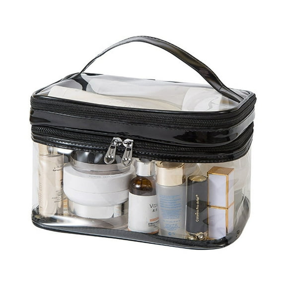 Clear Makeup Bag, Double Layer Plastic Cosmetic Bag with Zipper, Waterproof Toiletry Travel Bag Organizer（Black）
