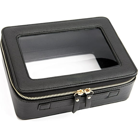 Clear Makeup Bag Organizer, Portable Travel Toiletry Cosmetic Bag Case for Women, Heavy Duty Clear Pouch with zipper with Transparent Vinyl Windows & Gold Zippers(Black)