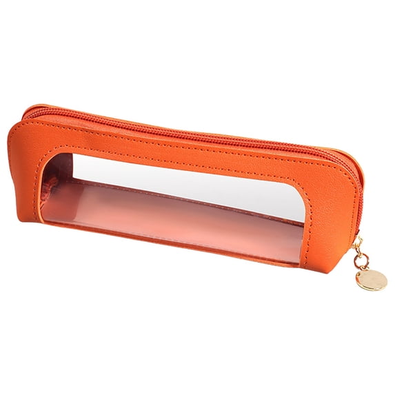 Clear Makeup Bag, PU Leather Mini Makeup Pouch Portable Makeup Brush Case Transparent Waterproof Cosmetic Organizer Pouch with Zipper for Women Home Travel Office Makeup Storage, Orange